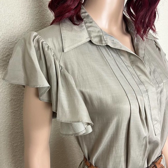 Ali Ro Womens Pleated Shirt Dress size 2 Khaki Taupe Ruffle Sleeve Knee Length - Picture 7 of 12